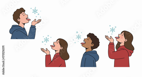 Joyful diverse children in winter, playfully catching snowflakes on their outstretched tongues, illustrating innocent childhood fun and seasonal delight.