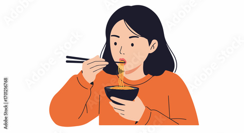 Woman enjoying a bowl of noodles with chopsticks, a flat design illustration representing casual dining and Asian cuisine.