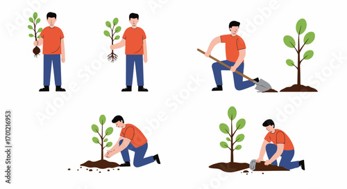 Illustrated steps of a man planting a tree, demonstrating the process of environmental care and sustainable gardening for new growth.