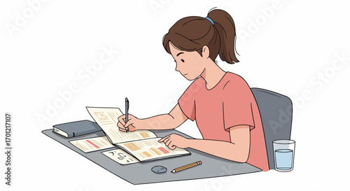 Diligent young student focused on writing and studying at her desk with books, papers, and a glass of water.