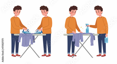 Young Man Ironing Clothes and Preparing Wardrobe, Performing Daily Household Chores with Care and Diligence