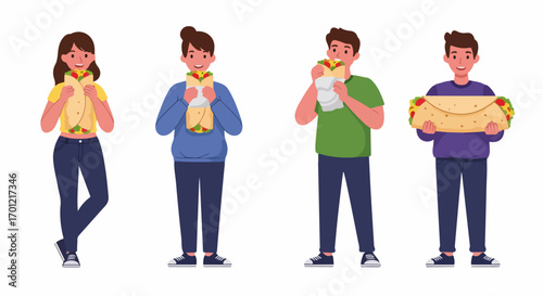 Happy cartoon characters enjoying burritos and wraps, showcasing a love for casual and delicious street food.