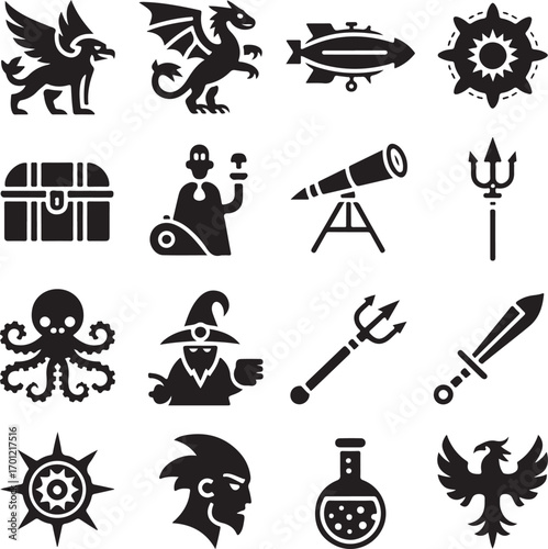 Mythical Beings and Fantasy Objects Black and White Icon Set griffin dragon