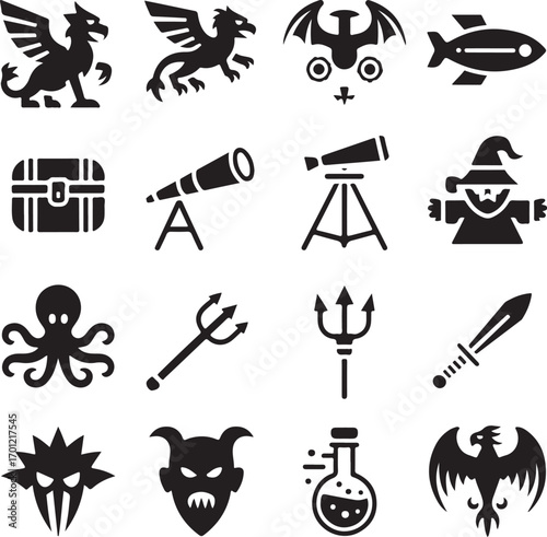 Fantasy Creature and Object Silhouettes in Black and White Icons griffin dragon