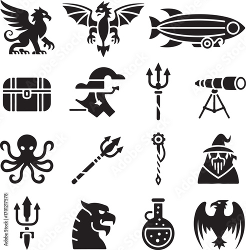 Fantasy Icons Featuring Mythical Creatures and Magical Objects griffin dragon