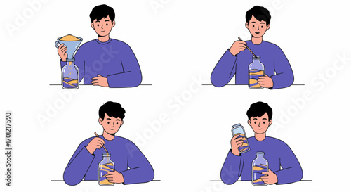 Young man creating colorful layered sand art in a bottle, illustrating a relaxing and creative DIY hobby with a step-by-step process.