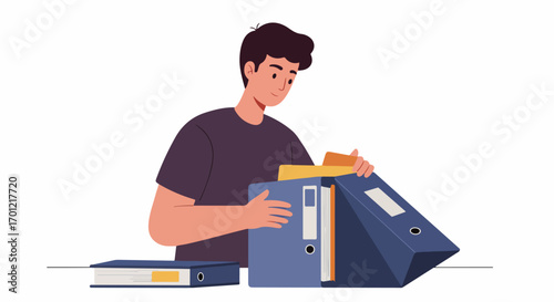Young man organizing documents in file binders, managing paperwork and office administration, modern flat vector illustration.