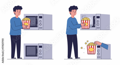 A young man preparing and enjoying microwave popcorn for a cozy home movie night or casual snack time, with some kernels spilling.