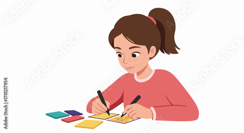 Focused young girl writing notes with two pens on colorful sticky pads, engaged in learning, studying, or brainstorming ideas for education and productivity.