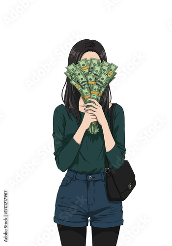 Vector illustration of a stylish young woman hiding her face behind a fan of cash, symbolizing wealth and financial success