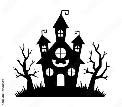 Spooky black silhouette haunted house with bare trees. halloween haunted house