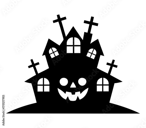 halloween house silhouette. Spooky silhouette haunted house with jack o lantern face