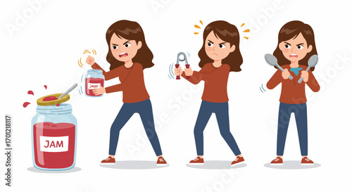 A woman's frustrating struggle to open a stubborn jam jar, demonstrating difficulty, perseverance, and problem-solving attempts with various tools and methods.