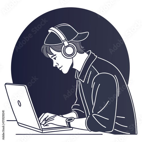 Illustration of a businessman sitting at his desk working on a laptop