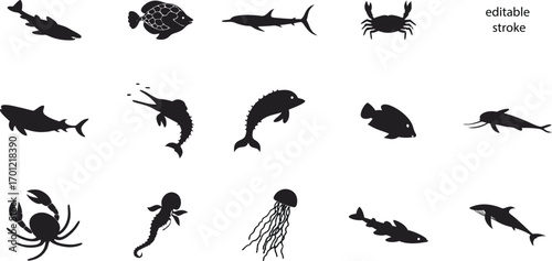 A collection of black vector silhouettes of the Marine life