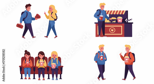 Young people enjoying a cinema trip: buying tickets, getting snacks, and watching a movie with friends for entertainment and leisure.