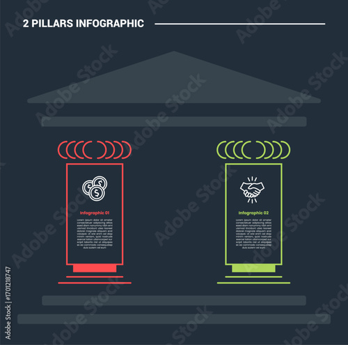 2 pillars infographic process diagram with creative curve on pillar structure with dark background bright outline style 2 points