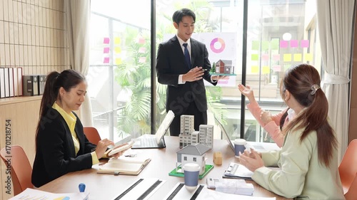 Asian real estate businessmen and home sales agents meet with clients and introduce new home models to Asian buyers investing in real estate business concepts.VDO Slow Motion