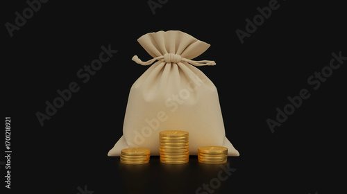 Realistic Beige Fabric Money Bag with Golden Coins Stacked Illustration