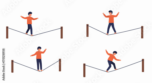 Illustrations of a man walking a tightrope, demonstrating balance, skill, and navigating challenges with control and precision.