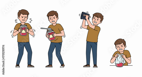 A man's frustrating struggle to open a tightly sealed jar, depicting various attempts from hands to tools, and eventual success.