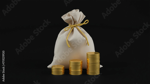 Realistic 3D Rendering of Gold Coin Stacks and Fabric Bag for Savings
