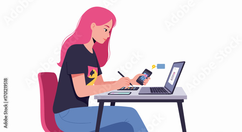 Young woman with pink hair multi-tasking on laptop and smartphone, engaging in digital creation, remote work, or online shopping, reflecting modern connectivity.