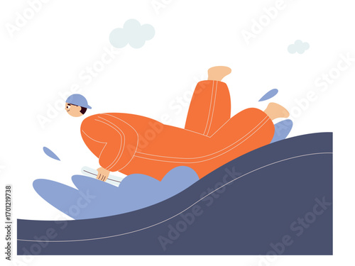 Surfing practice in artificial wave pool. Extreme Sports illustration. Flat vector illustration concept.