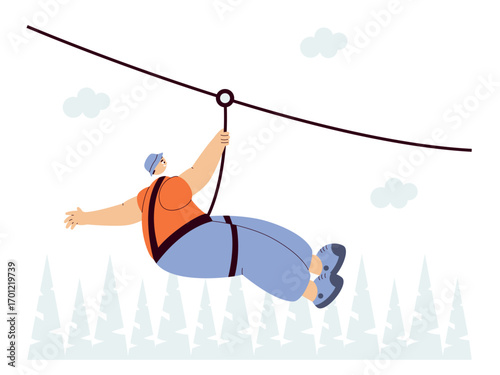 Glide down a fun zip line. Extreme Sports illustration. Flat vector illustration concept.