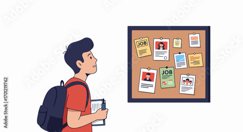 Young person, possibly a student, with a backpack and clipboard, intently examining job postings and career opportunities on a public bulletin board.
