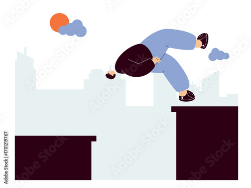 Doing parkour from one building to another with somersaults. Extreme Sports illustration. Flat vector illustration concept.