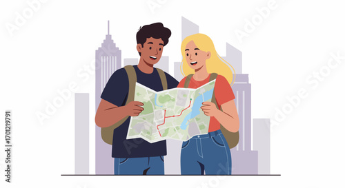 Happy young couple navigating a city map, exploring urban sights together with backpacks in a charming flat illustration.