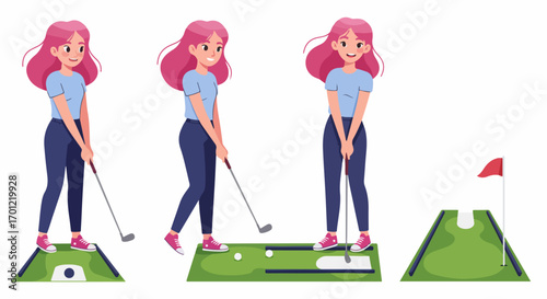 Smiling woman with vibrant pink hair practices putting on an indoor golf mat, enjoying her leisure time with a golf club and ball.