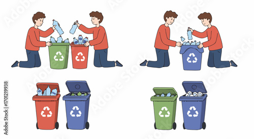 People sorting plastic bottles into recycling bins, promoting waste separation and environmental responsibility with colorful containers.