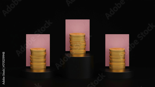Minimalist Golden Coin Stack on Black Pedestal for Financial Theme