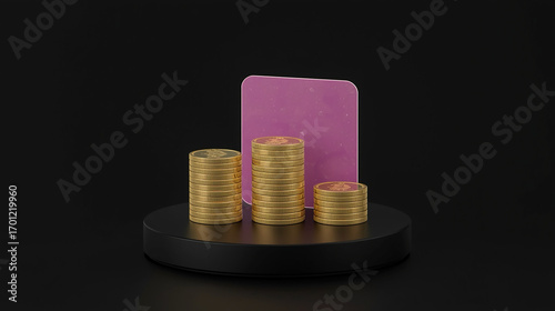 Realistic Golden Coin Stack Financial Growth on Black Podium Background
