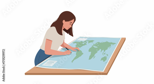 Young woman exploring a world map with a pen, planning travel or studying geography, an illustration of global education and adventure.