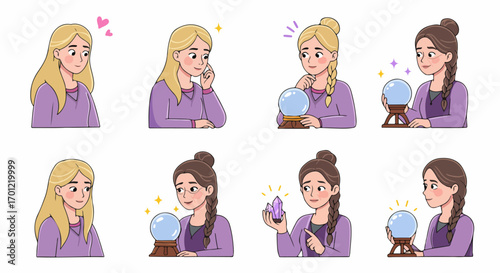 Charming cartoon illustrations of women with crystal balls and mystical crystals, exploring fortune-telling, spirituality, and future insights.