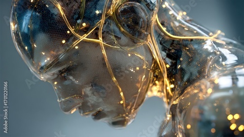 Artificial Intelligence: Transparent Humanoid with Glowing Neural Network Connections
