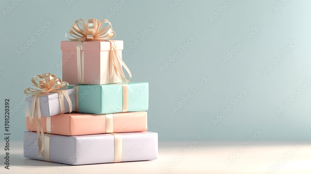 Obraz premium Pastel-Themed Gift Stack with Satin Ribbons Against a Minimalist Backdrop