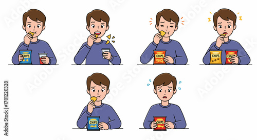 Cartoon man eating potato chips: A range of emotions from enjoyment to surprise and discomfort, illustrating various snacking experiences.