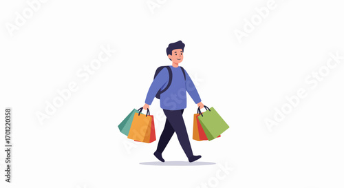 Happy young man cartoon character walking with colorful shopping bags after a successful retail spree.