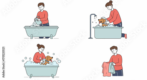 A step-by-step illustration of dog bathing and grooming at home, showing a man and woman caring for their pet with love and cleanliness.