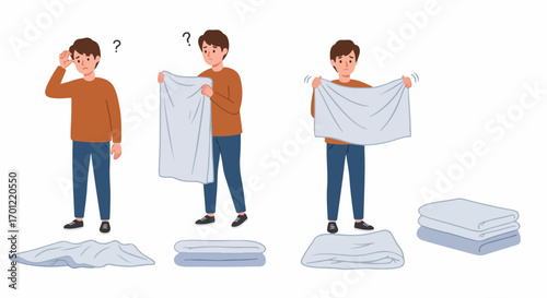 Man struggling to fold laundry neatly, showing the transformation from a messy pile to perfectly stacked sheets or blankets in a step-by-step illustration.