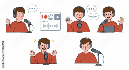 Happy young man hosts a podcast or live broadcast, featuring diverse expressions and audio interaction elements.
