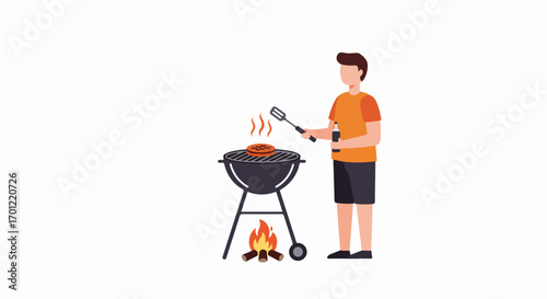 Young man enjoying a summer barbecue, grilling a burger on a charcoal BBQ while holding a drink, flat vector illustration on white background.