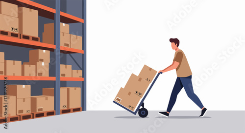 Warehouse worker moving cardboard boxes on a hand truck, illustrating logistics, inventory management, and shipping operations in a storage facility.