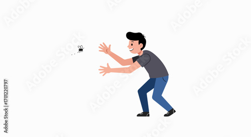 Cartoon man trying to swat or catch a flying insect, representing pest control efforts and the annoyance of bugs.