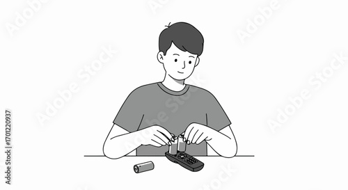 Young man inserting batteries into a remote control, illustrating household electronics maintenance and power replacement.