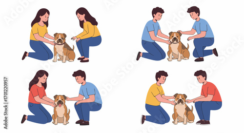 Diverse pairs of people lovingly interacting and petting their bulldog companion, illustrating pet care, friendship, and joy in various wholesome moments.